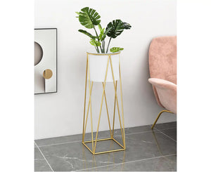 50Cm Gold Metal Plant Stand with White Flower Pot Holder Corner Shelving Rack Indoor Display